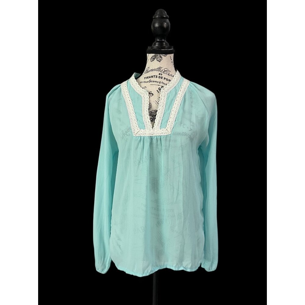 Reiss Women’s Sheer Aqua Blue Blouse with Lace Trim Long Sleeves Medium